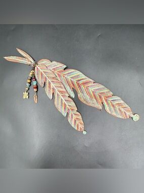 Robert Shields Signed Metal Feather Wall Art Beaded Southwest Boho 16”